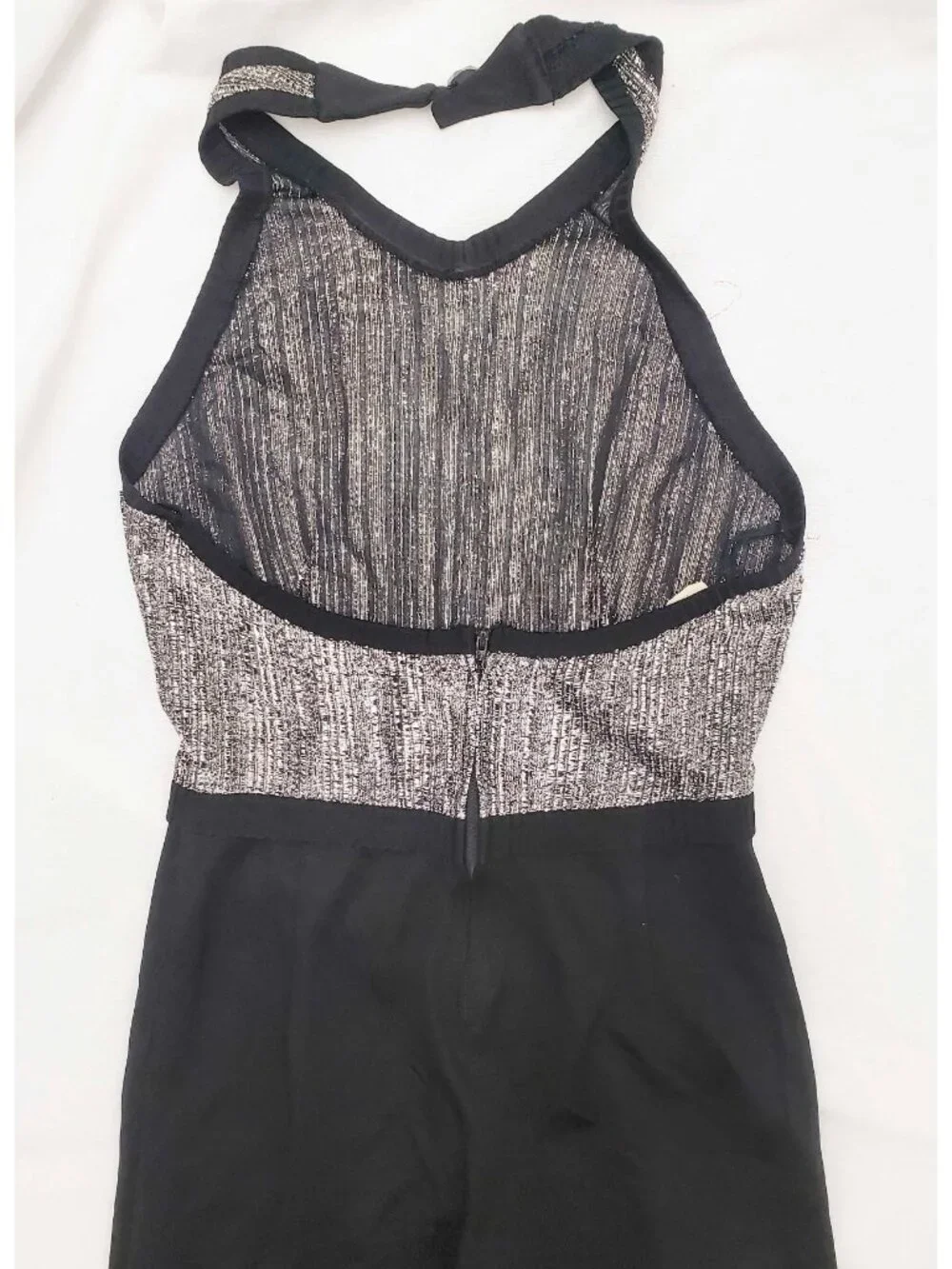 1970s Vintage Womens Disco Silver Metallic Black Bell Bottom Halter Top Jumpsuit